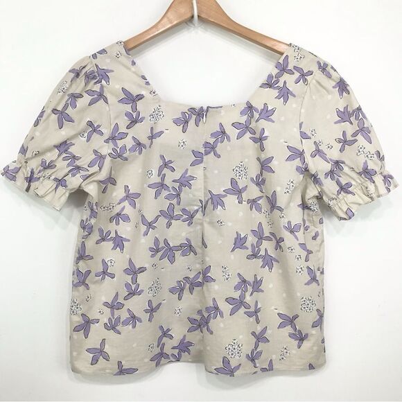 Senlis Anthropologie 100% Cotton Purple Cream Floral Puff Sleeve Blouse - Picture 6 of 15